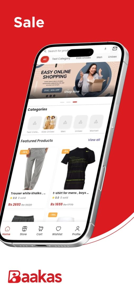 Baakas app sale poster showing the home shopping screen
